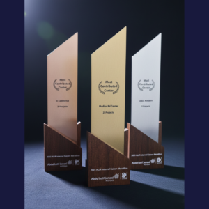 3 metal Awards with wooden base and the engraving content on the metal