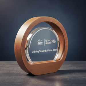 crystal engrave with rounded wooden shows in it