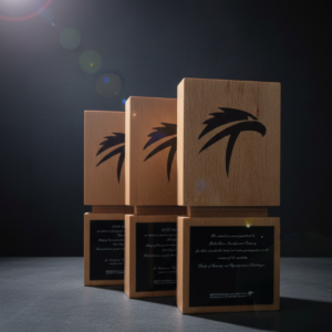 three Piece of wooden trophy which has engraving on it